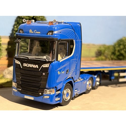 WSI IMC/Tekno  Scania S Highline 6x2 with 3-axle flatbed trailer Blue Crown