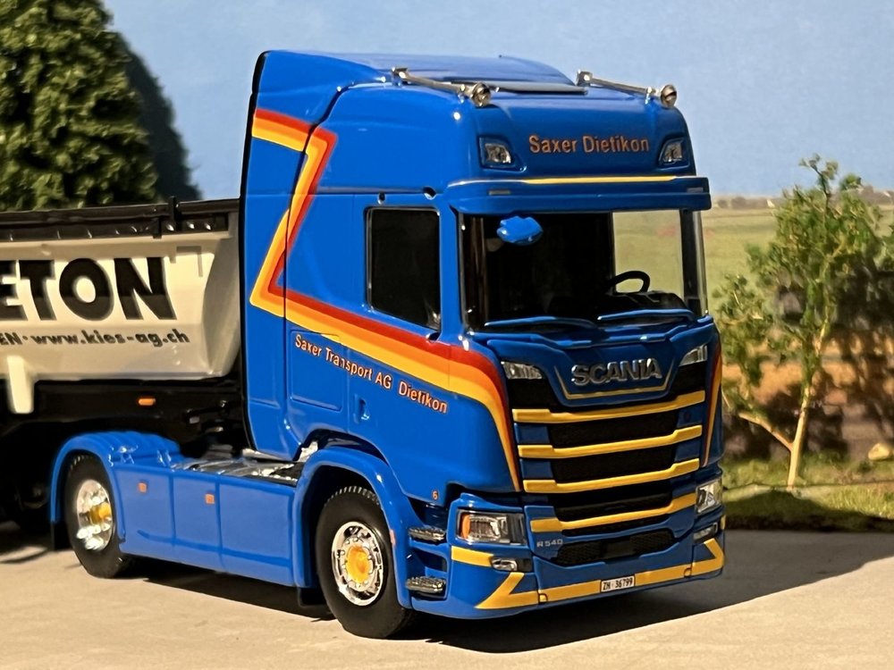 Tekno Tekno Scania Next Gen R540 Highline met 3-assige Meiller kipper Saxer - Kies AG