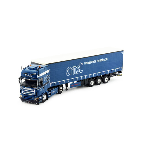 Tekno Tekno Scania R serie Topline 4x2  met 3-as schuifzeilen oplegger Arnet Transport AG