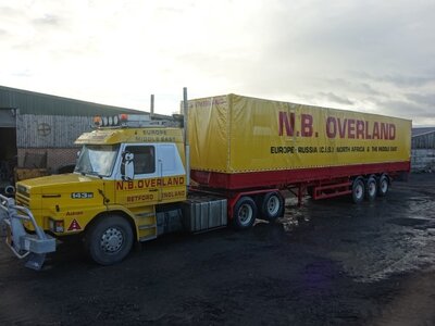 Tekno Tekno Scania Torpedo 143 met 3-assige huifoplegger N.B. OVERLAND