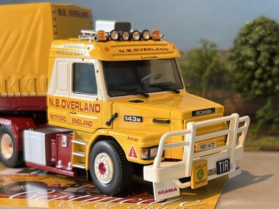 Tekno Tekno Scania Torpedo 143 met 3-assige huifoplegger N.B. OVERLAND