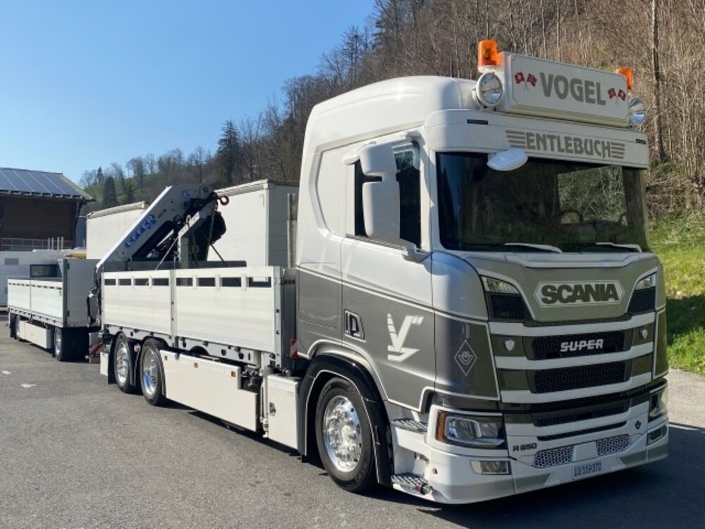 Tekno Tekno Scania Next Gen R650-V8 rigid truck with flatbed trailer and crane VOGEL KRAN TRANSPORTE