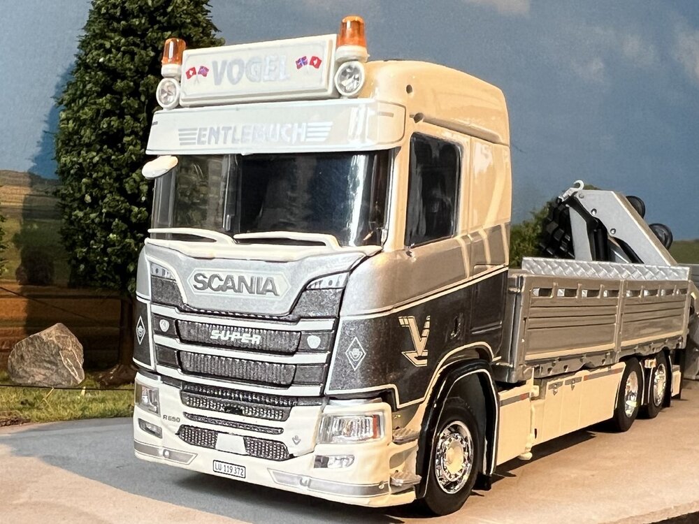 Tekno Tekno Scania Next Gen R650-V8 rigid truck with flatbed trailer and crane VOGEL KRAN TRANSPORTE