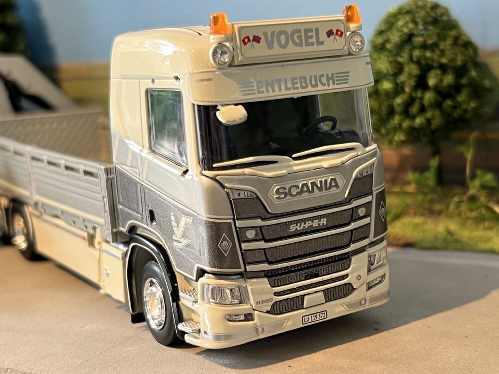 Tekno Tekno Scania Next Gen R650-V8 rigid truck with flatbed trailer and crane VOGEL KRAN TRANSPORTE