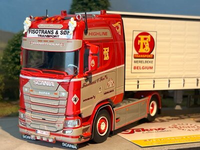 Tekno Tekno Scania Next Gen 4x2 met 3-as zeilenoplegger FISOTRANS BELGIË