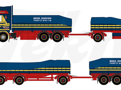 Tekno Tekno Scania 4-serie Topline rigid truck with 3-axle trailer + (resin) covered load BRDR SINDING