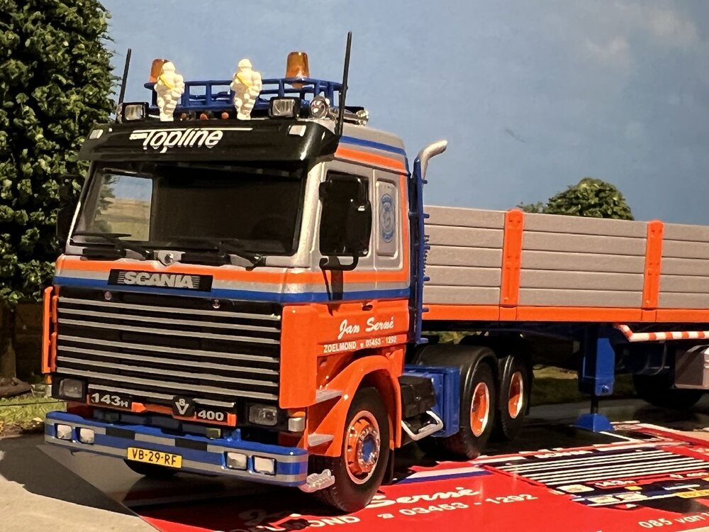 Tekno Tekno Scania 143-400 sleepas met 3-assige stenenoplegger Jan Serne