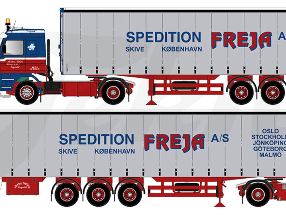 Tekno Tekno Scania 143-420 motorwagen met 3-assige schuifzeilen oplegger MORTEN NIELSEN