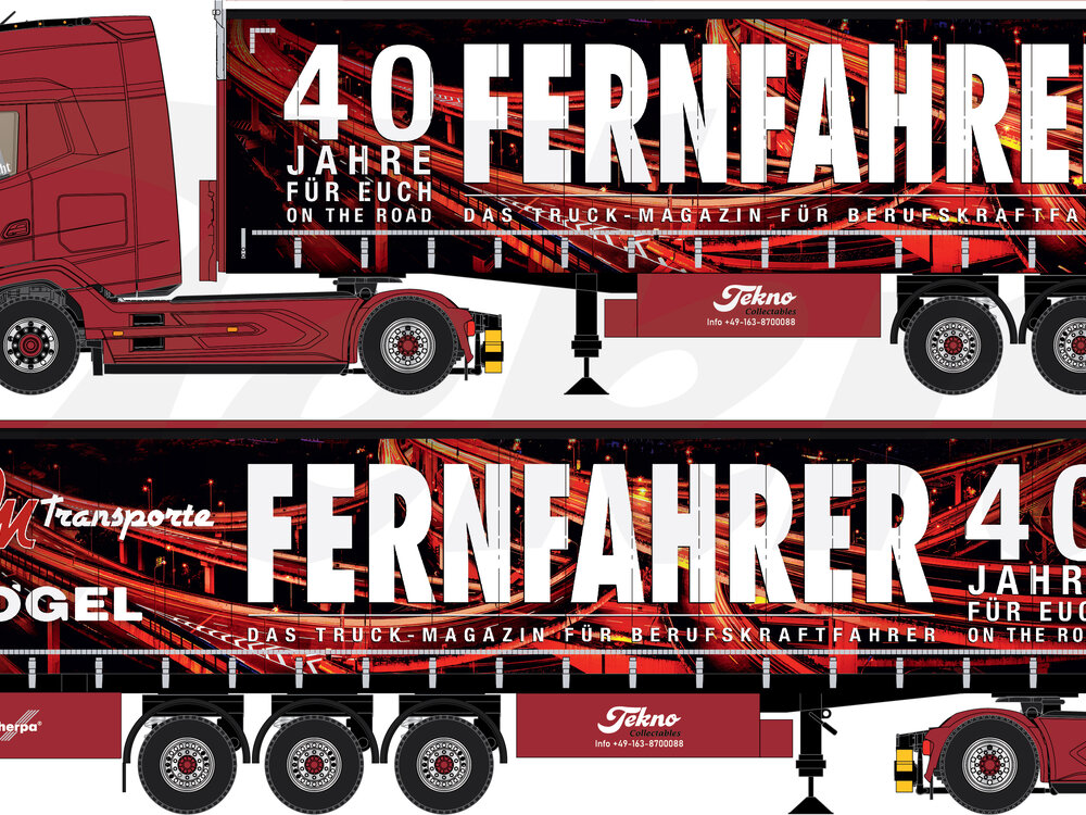 Tekno Tekno DAF XG+ met 3-assige schuifzeilenoplegger FERNFAHRER 40 JAHRE