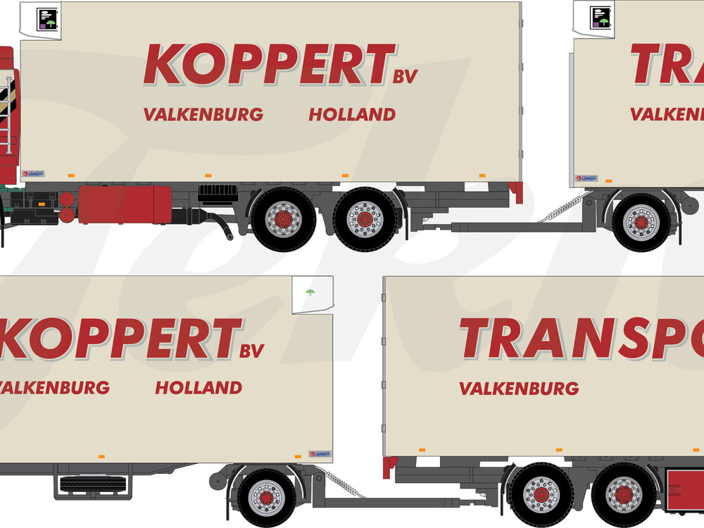 Tekno Tekno Scania 143-500 streamline rigid truck with 2-axle trailer combi KOPPERT