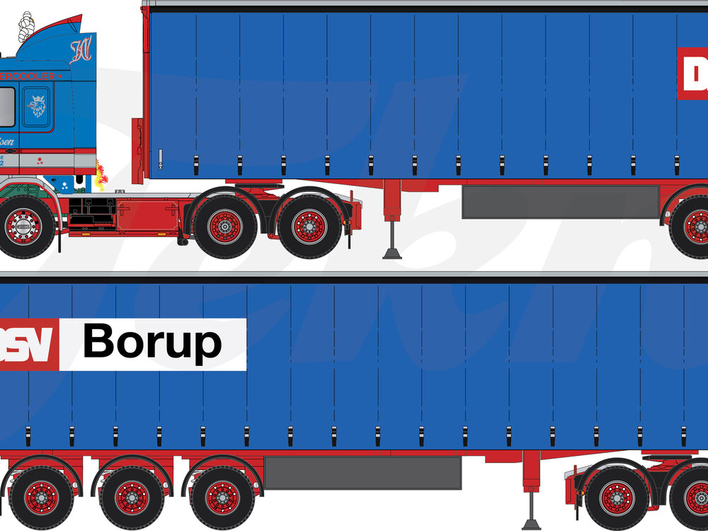 Tekno Tekno Scania 143 6x4 met 3-as schuifzeilen oplegger KNUD NIELSEN