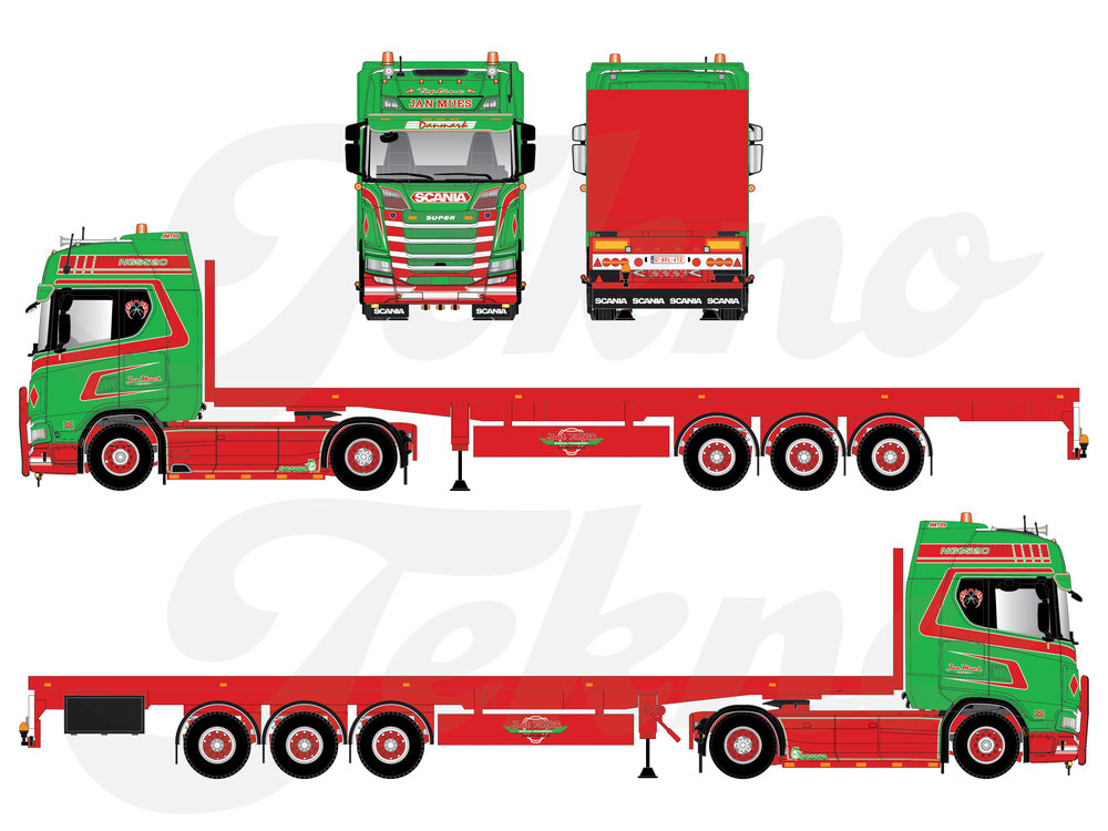 Tekno Tekno Scania Next Gen 520S Highline met 3-assige vlakke trailer JAN MUES