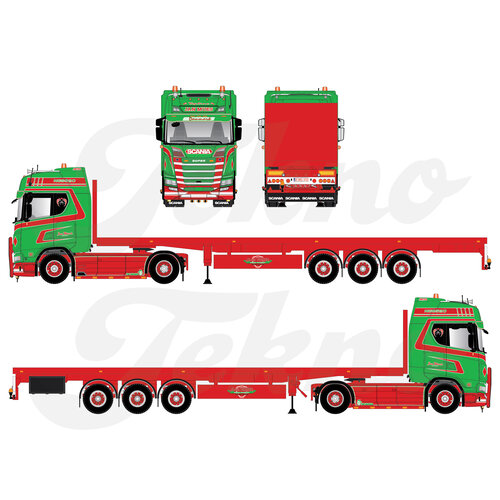 Tekno Tekno Scania Next Gen 520S Highline met 3-assige vlakke trailer JAN MUES