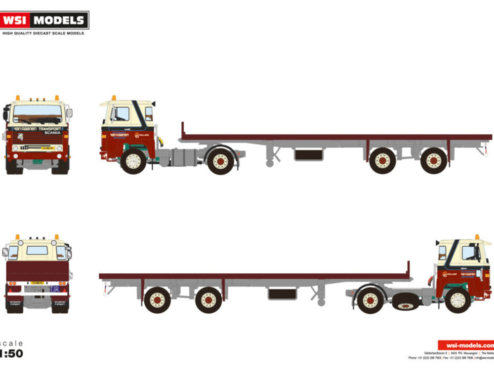 WSI WSI Scania 1-serie 4x2 with 2-axle classic flatbed trailer VAN MAANEN