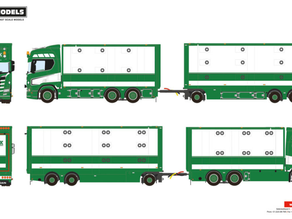 WSI WSI Scania R Highline 6x2 koelwagen met 6-assige resin combi VAN DIJK LIVESTOCK