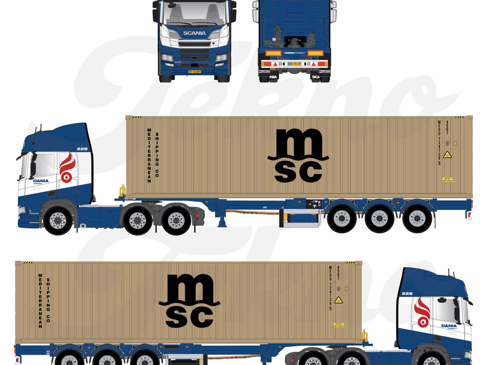 Tekno Tekno Scania Next Gen R-serie Highline 6x2 with 40ft. MSC container DANIA CONNECT