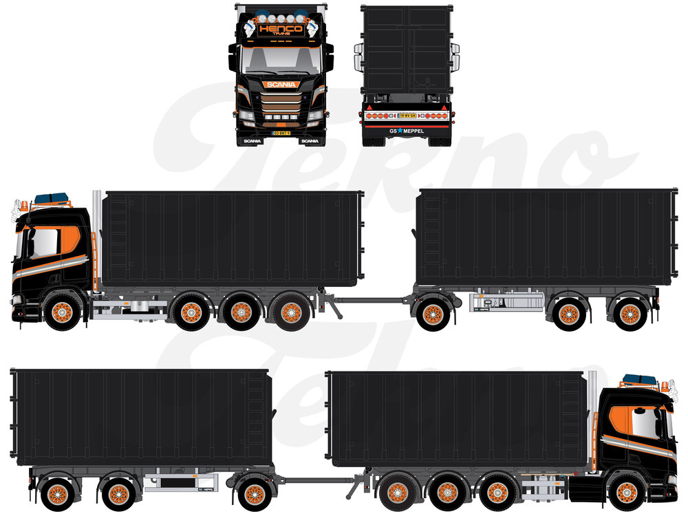 Tekno Tekno Scania Next Gen R650 8x2 NCH container rigid truck with  3-axle widespread container trailer HENCO TRANS