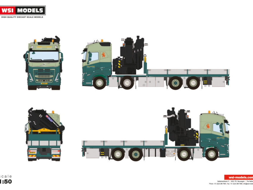 WSI WSI Volvo FH5 Globetrotter 8x2 riged flatbed  8x2 with fassi 1300 + jib ALBERT VAN DE SCHEUR BV