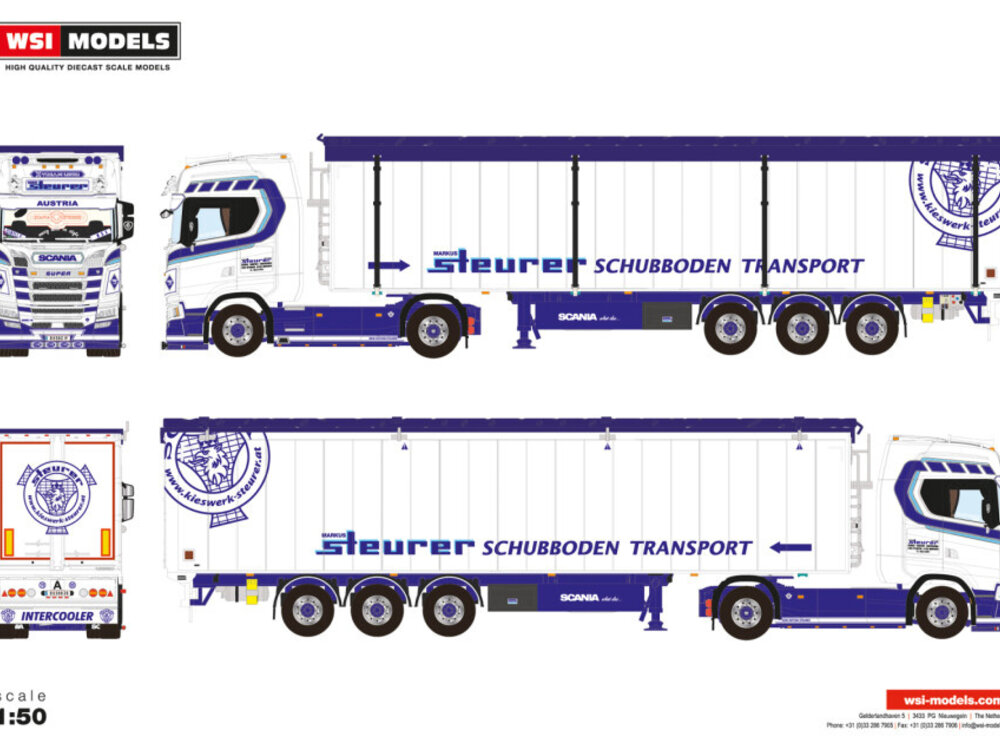 WSI WSI Scania S Highline 4x2 with 3-axle volume trailer STEURER