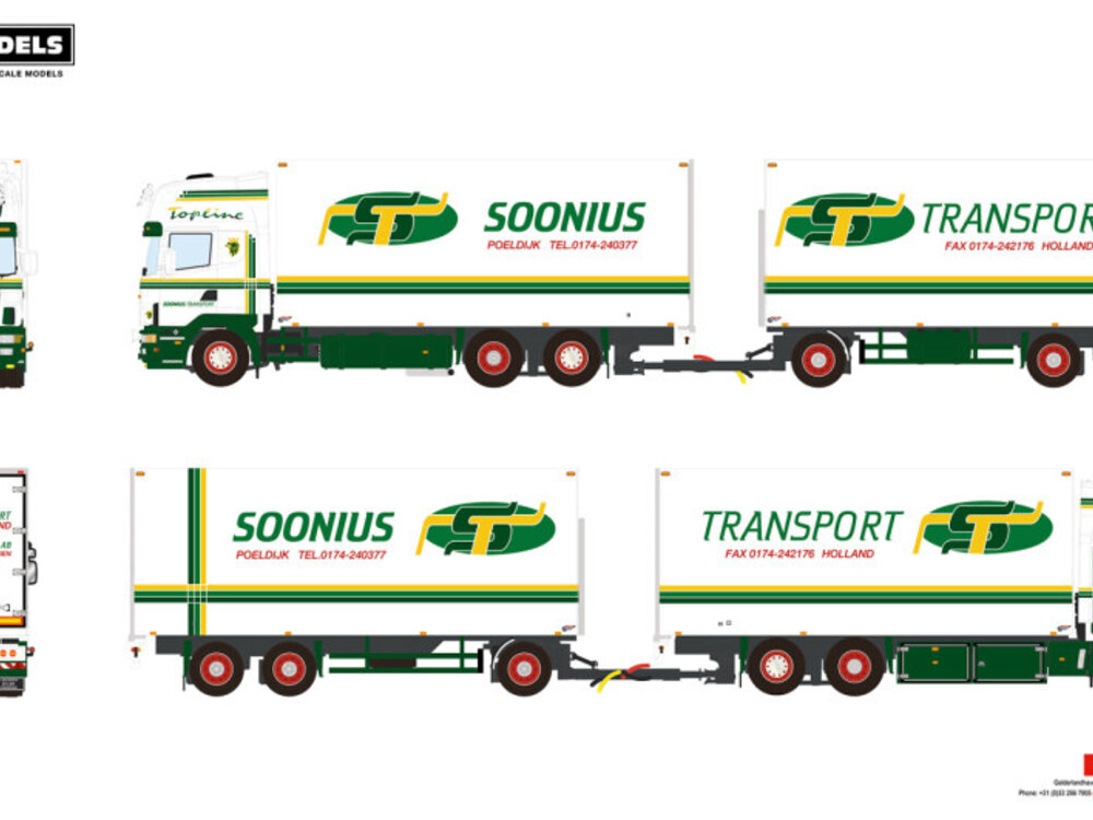 WSI WSI Scania R4 Topline 6x2  bakwagen met 3-as oplegger koelcombinatie SOONIUS