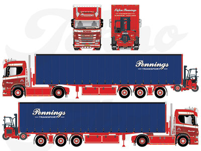 Tekno Tekno Scania Next Gen R530 4x2 trekker voorzien van 3-assige schuifzeilenoplegger en Moffet meeneemheftruck PENNINGS TRANSPORT