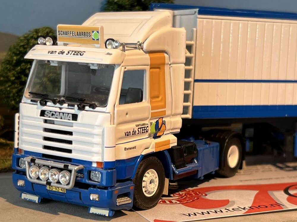 Tekno Tekno Scania 143H streamline 4x2 met 3-as open top kiepoplegger GEBR. VAN DE STEEG