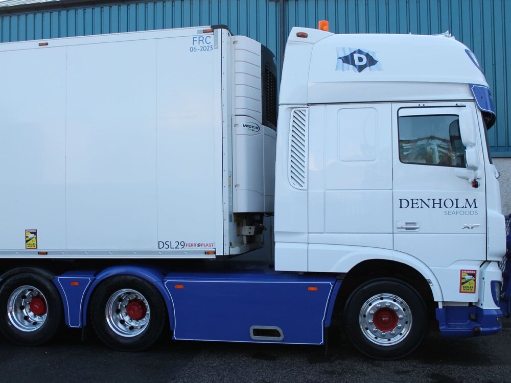 WSI WSI DAF 106XF 6x2 with 3-axle Schmitz reefer trailer DENHOLM SEAFOOD Peterhead Scotland