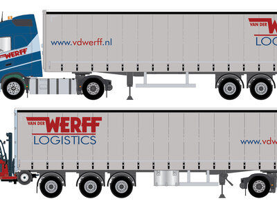 Tekno Tekno Volvo FH05 Globetrotter 4x2 met 3 assige schuifzeilenoplegger met meeneemheftruck VAN DER WERFF