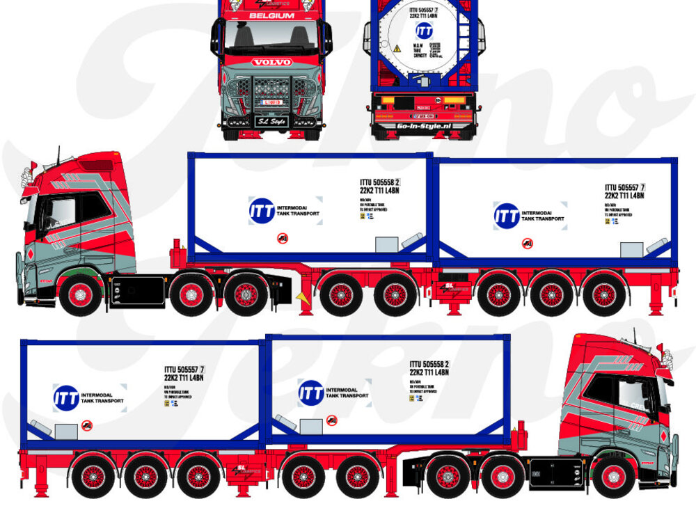 Tekno Tekno Volvo FH05 Globetrotter XL 6x2 with D-Tec flexitrailer + 2x Swap Tankcontainer SL LOGISTICS