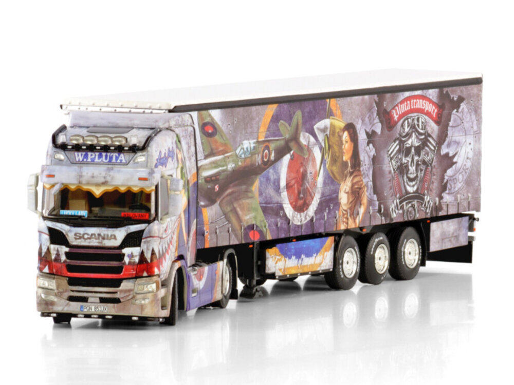 WSI WSI Scania R Highline 4x2 met 3-as schuifzeilen oplegger PLUTA