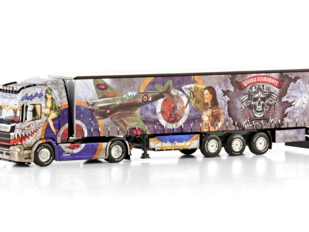 WSI WSI Scania R Highline 4x2 met 3-as schuifzeilen oplegger PLUTA
