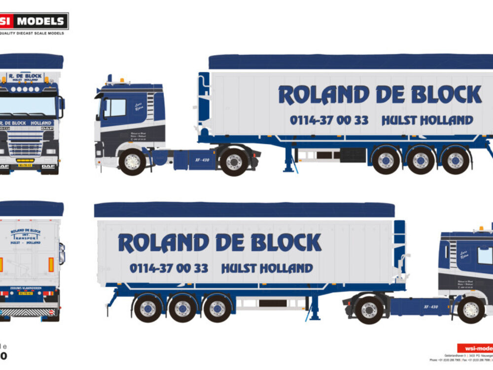 WSI WSI DAF 95XF  Space Cab 4x2  with 3-axle tipper trailer ROLAND DE BLOCK