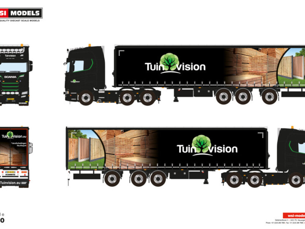 WSI WSI Scania S Highline 6x2 with 3-axle twin steer tridec curtainside trailer TUINVISION GROUP BV