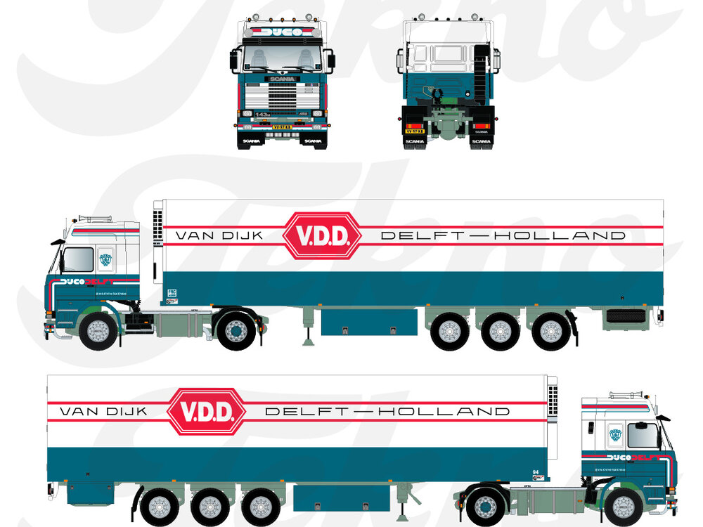 Tekno Tekno Scania 143-450  Estepe roof with 3-axle reefer trailer DIJCO