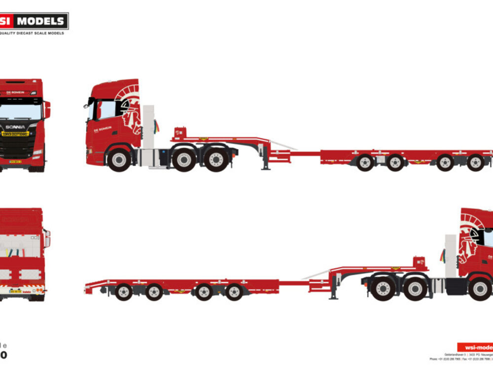 WSI WSI Scania S Highline 6x2 with 4-axle twin steer semi wheel well low loader DE ROMEIN GROEP