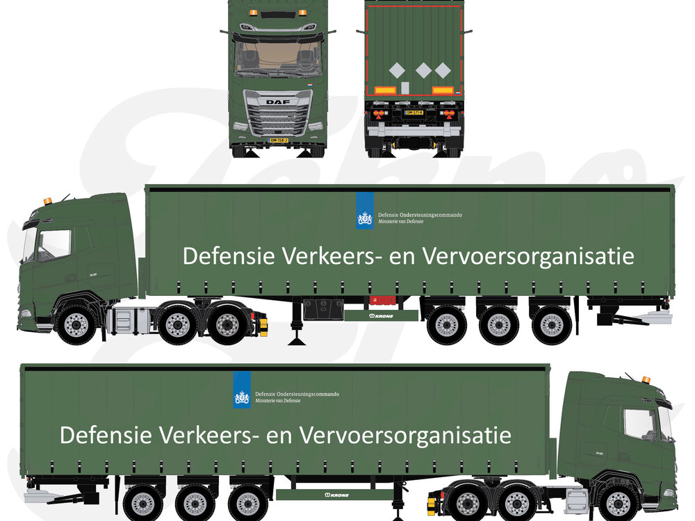 Tekno Tekno DAF XG 6x2 with 3-axle curtainside trailer Military DEFENSIE DVVO