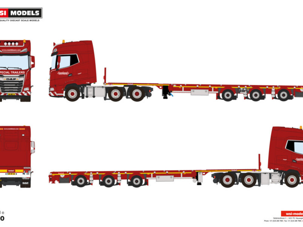 WSI WSI Daf XG+ 6x2  with 3-axle Flatbed mega trailer NOOTEBOOM RED LINE