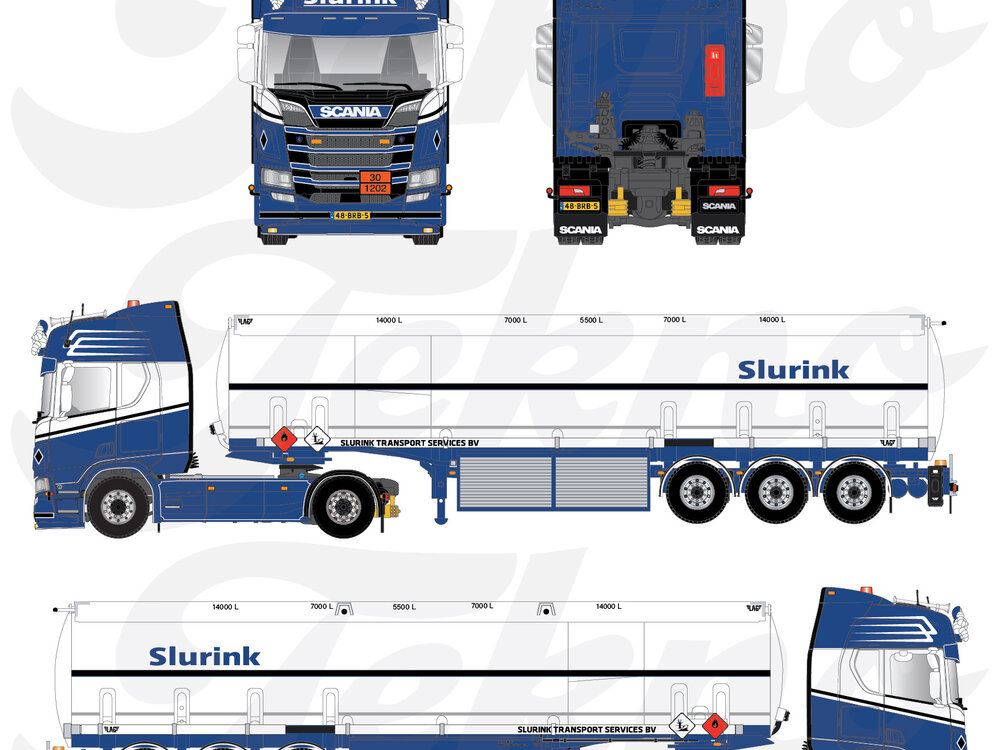 Tekno Tekno Scania NGR 4x2 truck with 3-axle fuel tank trailer SLURINK