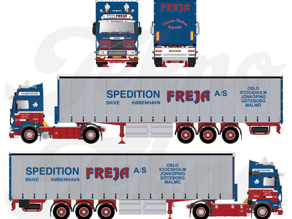 Tekno Volvo F12 Globetrotter met 3-assige schuifzeilen oplegger MORTEN NIELSEN