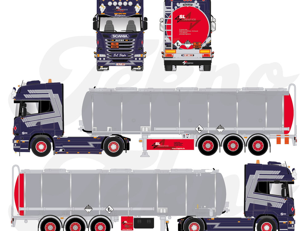 Tekno Tekno Scania R -serie Topline 4x2 trekker met 3 assige tankoplegger SL LOGISTICS