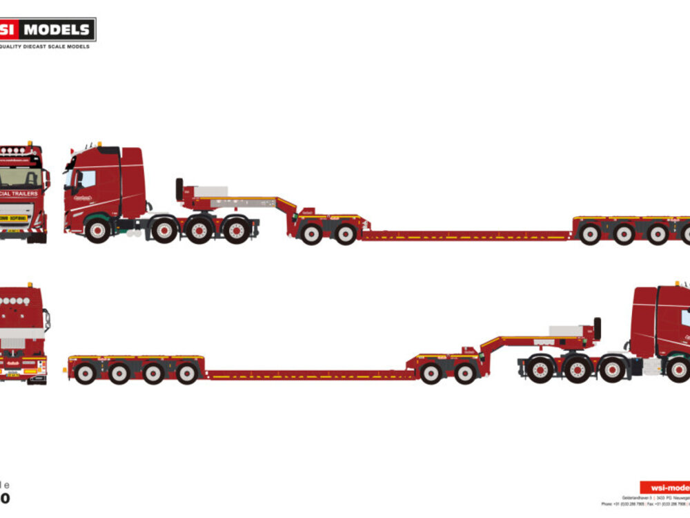 WSI WSI Volvo FH5 Globetrotter XL 8x4 met 2-assige dieplader + 2-assige dolly NOOTEBOOM RED LINE