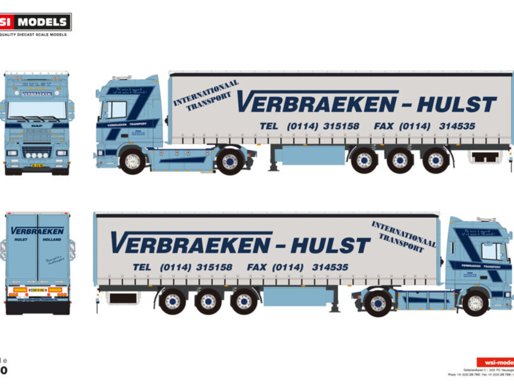 WSI WSI DAF 95XF Super Space Cab 4x2 with 3-axle curtainside trailer VERBRAEKEN