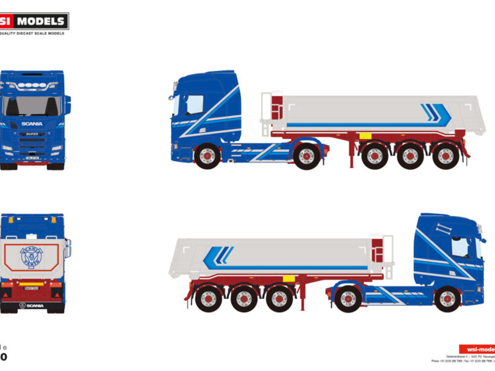 WSI WSI Scania R Highline 4x2 + 3-axle half pipe tipper trailer AUGST