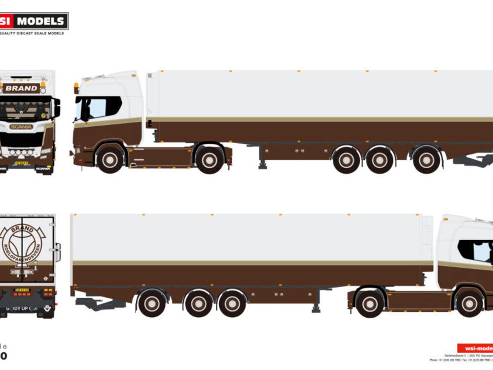 WSI WSI Scania R Highline 4x2 met 3-assige tridec koeloplegger BRAND TRANSPORT