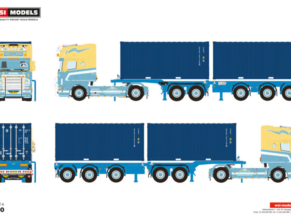 WSI WSI Scania 4-serie Topline 4x2 with 5-axle 2connect combi trailer + 2x 20ft container JOHN V. D. MADE