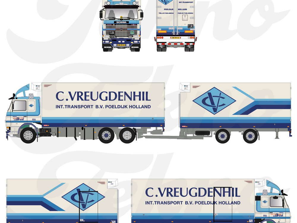 Tekno Scania 113M motorwagen met 2-assige wipkar C. VREUGDENHIL