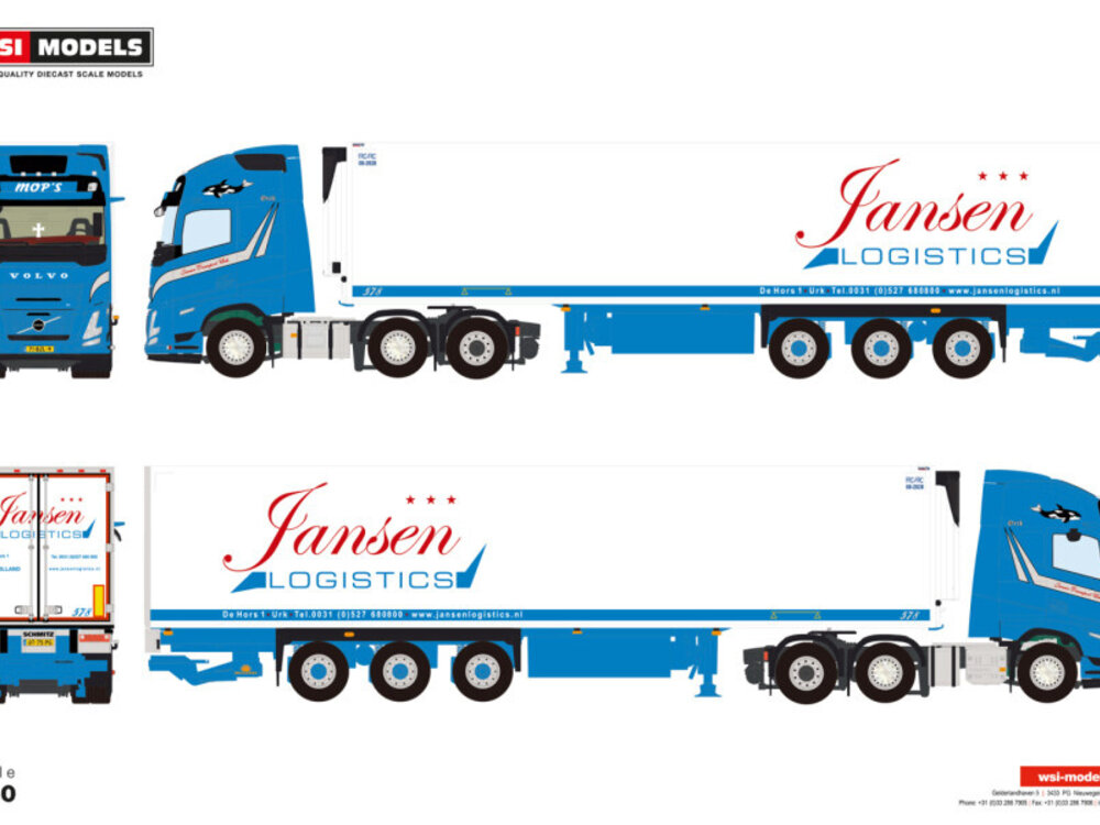 WSI WSI Volvo FH Aero Globetrotter XL 6x2 with 3-axle twin steer reefer trailer JANSEN URK