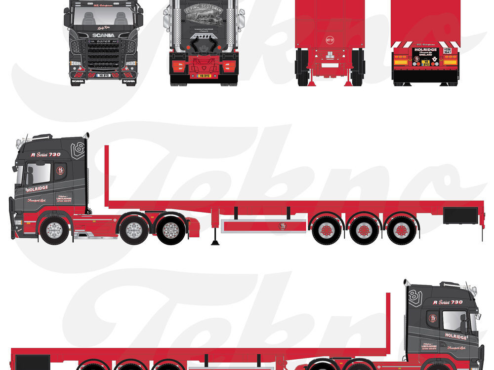 Tekno Tekno Scania R-serie Topline 6x2 with 3-axle flatbed trailer HOLRIDGE