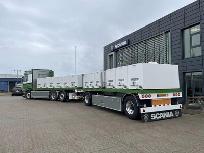 Tekno Tekno Scania Next Gen R530 rigid truck with trailer life fish transporter DK FORELLEN