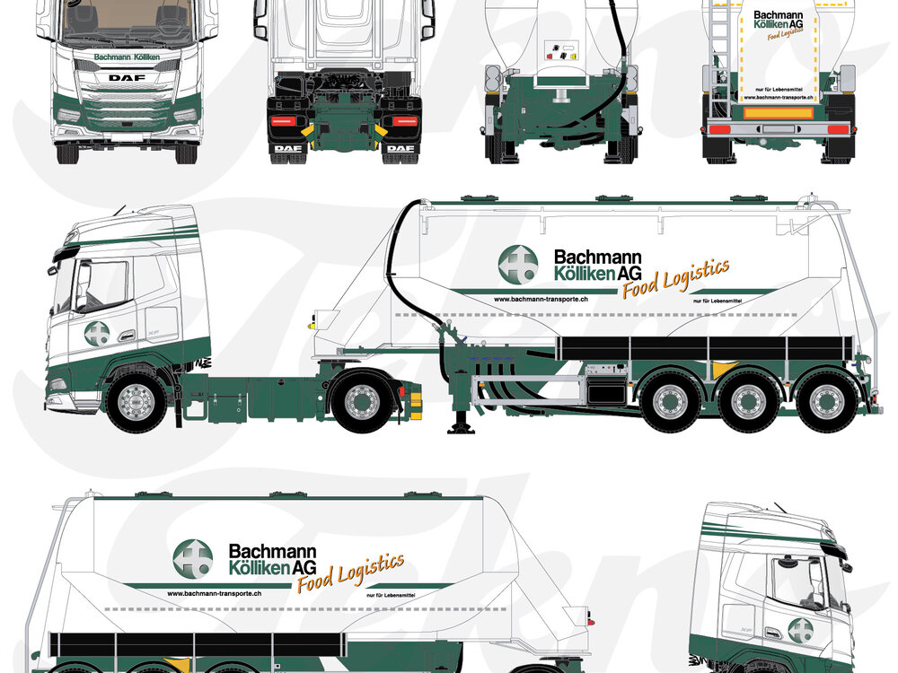 Tekno Tekno DAF XF 4x2 met 3-assige Feldbinder onderlosser BACHMANN